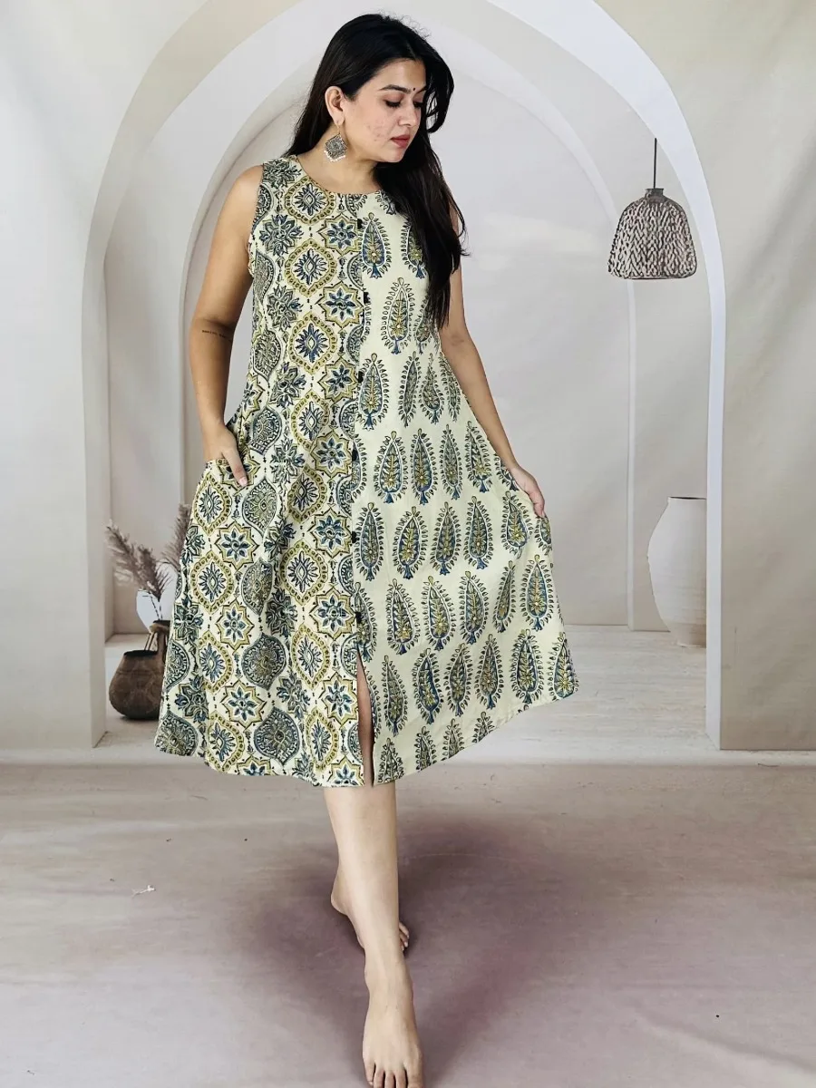 Block Print Sleeveless Rayon A-Line Dress - Image 6