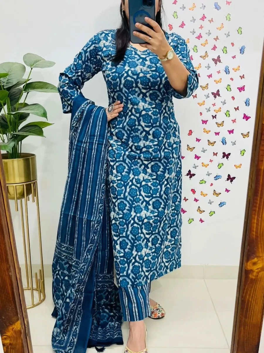Indigo Ajrakh Print Cotton Suit Set