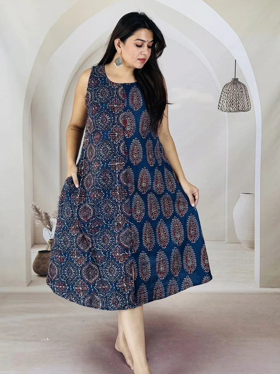 Block Print Sleeveless Rayon A-Line Dress - Image 5