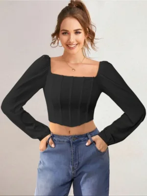Square Neck Ribbed Corset-Style Knit Top