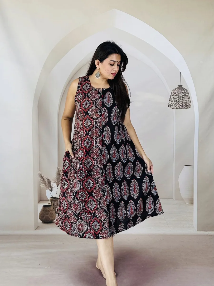 Block Print Sleeveless Rayon A-Line Dress - Image 4