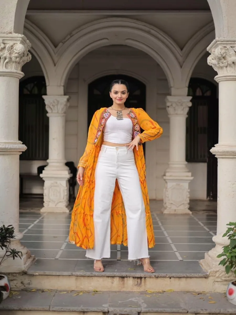 Bandhani Print Kutchi Patchwork Shrug in Faux Georgette - Image 13