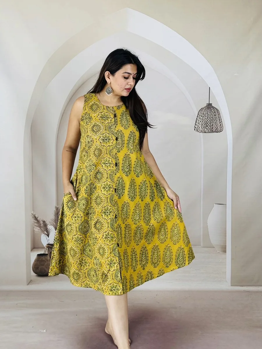 Block Print Sleeveless Rayon A-Line Dress - Image 3