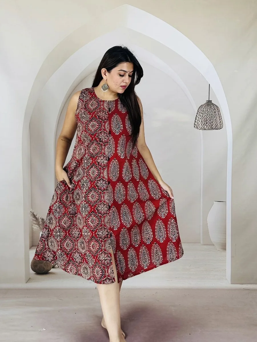 Block Print Sleeveless Rayon A-Line Dress - Image 2