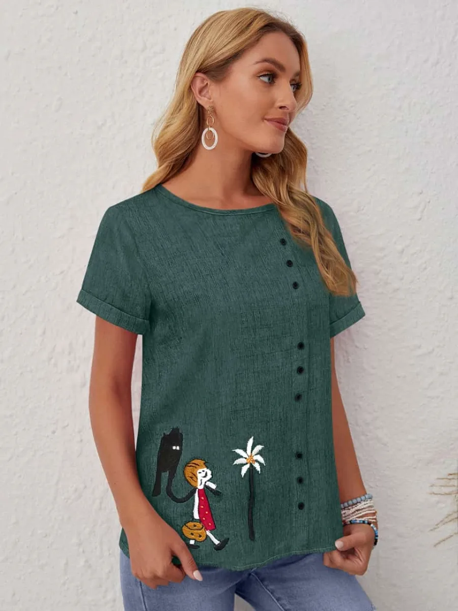 Women's Cartoon Embroidered Button Front Casual T-Shirt - Image 3