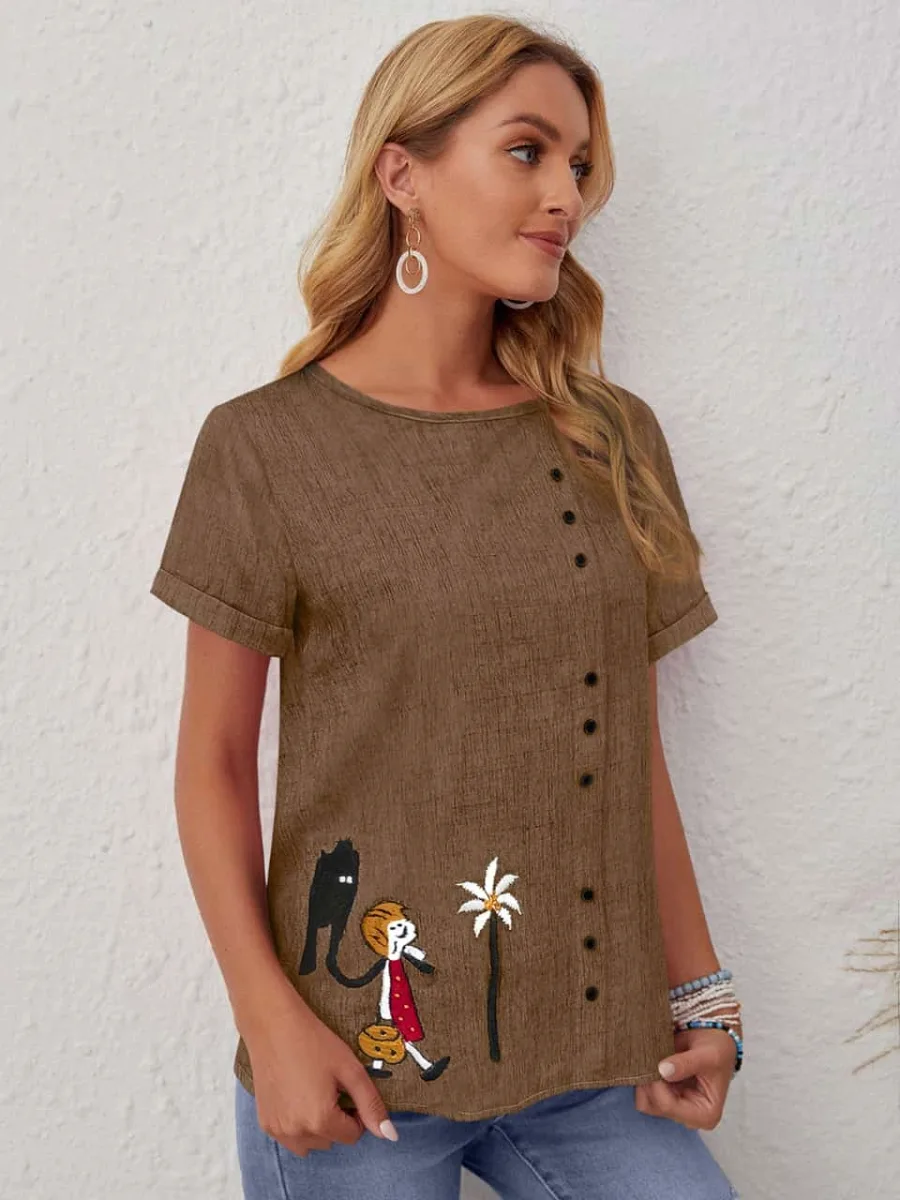Women's Cartoon Embroidered Button Front Casual T-Shirt - Image 2