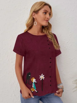 Women's Cartoon Embroidered Button Front Casual T-Shirt