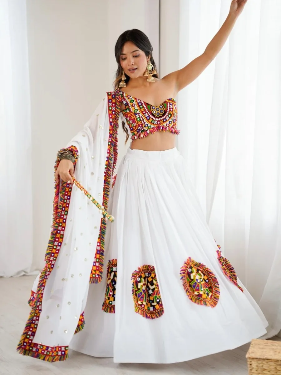 White Gamthi Mirror Work Navratri Lehenga Choli with Multicolor Embroidery - Image 2