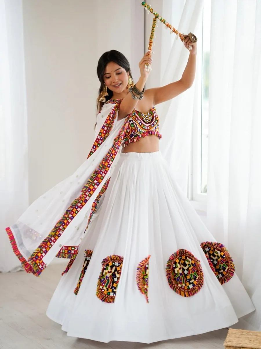 White Gamthi Mirror Work Navratri Lehenga Choli with Multicolor Embroidery - Image 3