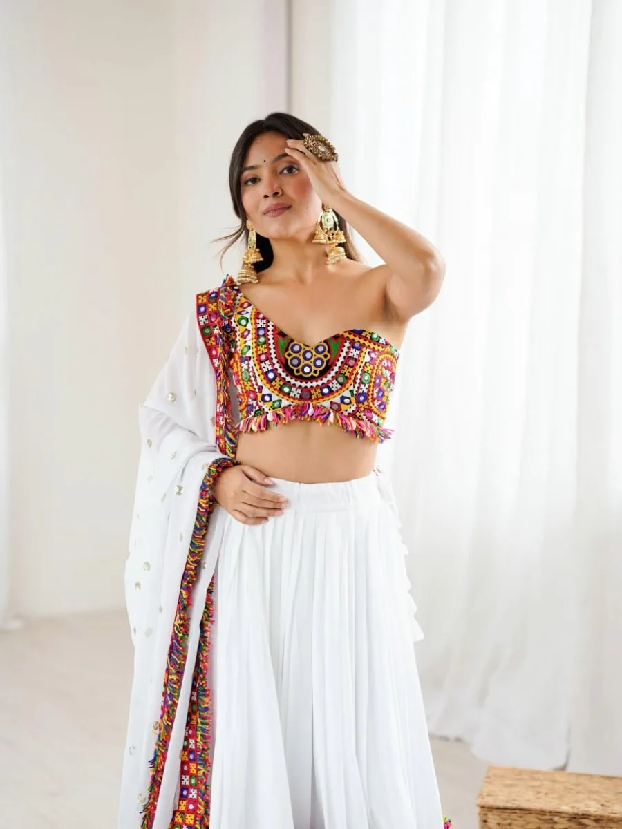 White Gamthi Mirror Work Navratri Lehenga Choli with Multicolor Embroidery - Image 4
