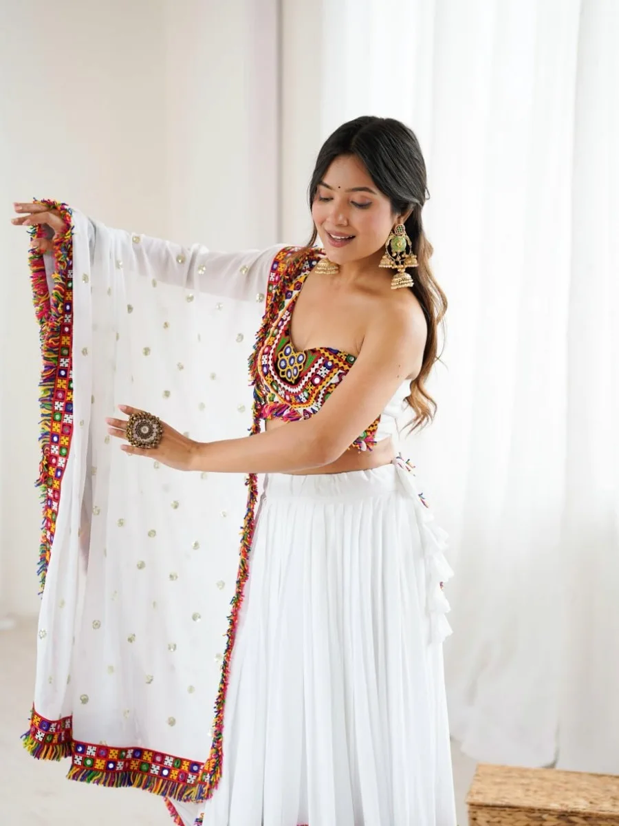 White Gamthi Mirror Work Navratri Lehenga Choli with Multicolor Embroidery - Image 6
