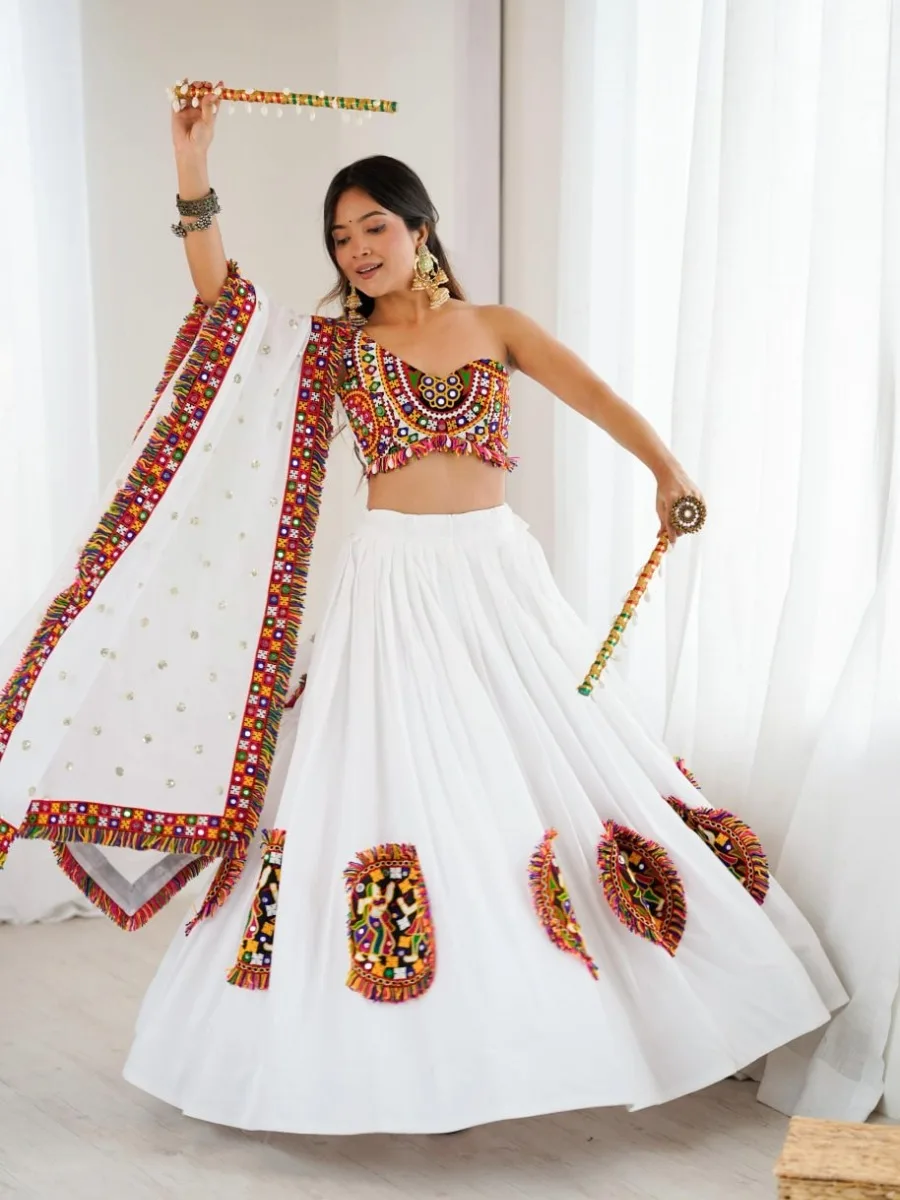 White Gamthi Mirror Work Navratri Lehenga Choli with Multicolor Embroidery - Image 7