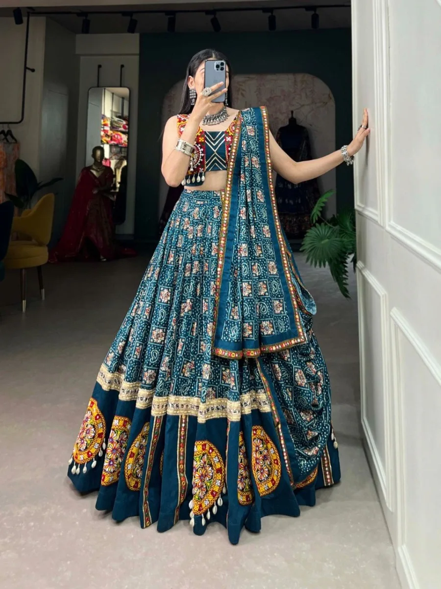 Traditional Gamthi & Foil Print Rayon Lehenga Choli with Dupatta & Purse - Image 3