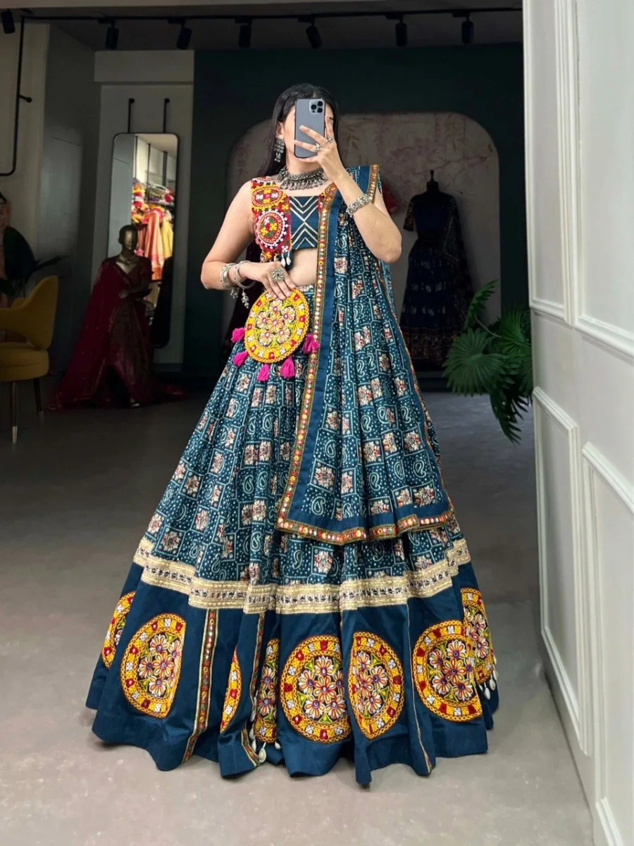 Traditional Gamthi & Foil Print Rayon Lehenga Choli with Dupatta & Purse - Image 5